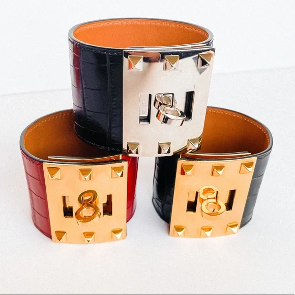 HERMÈS Kelly Dog Extreme cuff black alligator gold - Picture 2 of 9